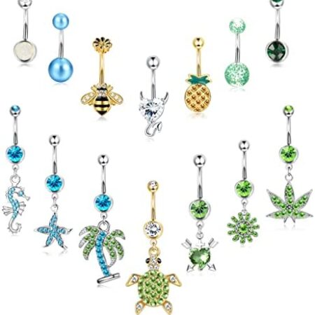 ZELORES 14Pcs 14G Belly Button Rings for Women Stainless Steel Cute Navel Rings Body Piercing Jewelry Dangle Belly Button Ring Set