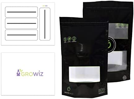 Grove Bags and Gro Wiz Labels Bundle - Premium Curing & Storage Bags - Glass Mason Jar, Mylar Bag and Two-Way Humidity Pack Alternative (1/4 Pound - 4 Pack)