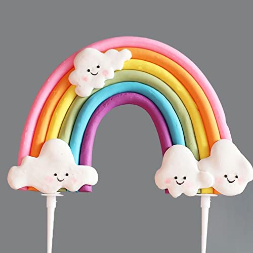 KRISMYA Rainbow Cloud Cake Topper,Soft Pottery Rainbow Cake Topper Cupcake Topper for Boys Girls Birthday Decorations Baby Shower Wedding Party Favors Supplies